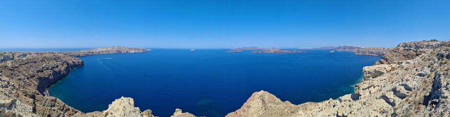 Panoramic view of the caldrea with the white towns of Santorini island, Cyclades, Greece