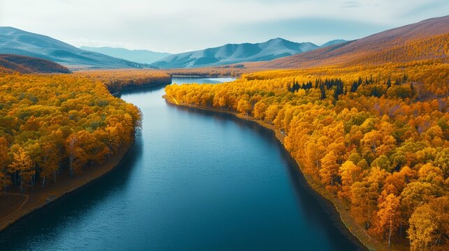 Highaltitude shot of a picturesque wilderness landscape, with vibrant autumn foliage and winding rivers creating a colorful and scenic panorama 8K , high-resolution, ultra HD,up32K HD