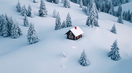 Naklejka premium Topdown view of a picturesque wintery landscape with snowcovered fields and charming cabins 8K , high-resolution, ultra HD,up32K HD