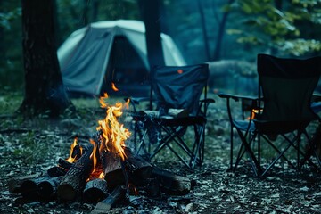 Lovely campfire in the forest, burning wood close to seats and a tent. A campfire beside a tent and several chairs, Generative AI.