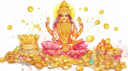 3D Watercolor Goddess Lakshmi Idol - Surrounded by Gold - Digital Art