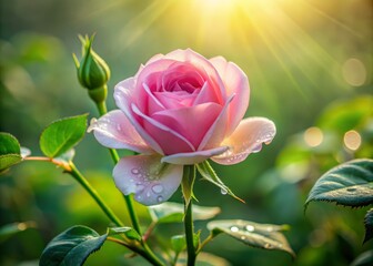 Obraz premium Delicate pink petals unfold from a lush green stem, surrounded by soft focus background, capturing the gentle beauty of a freshly bloomed rose in morning dew.