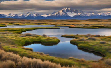 Majestic Snow-Covered Forest and Mountain River in Winter.