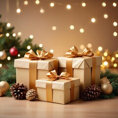Christmas gifts wrapped in gold paper with satin bows are beautifully arranged among pine branches and cones. Ai generated 