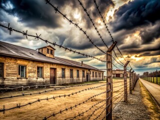 Barbed wire surrounds a deserted and worn barrack in a rural internment camp, conveying a sense of confinement and isolation under a somber sky.