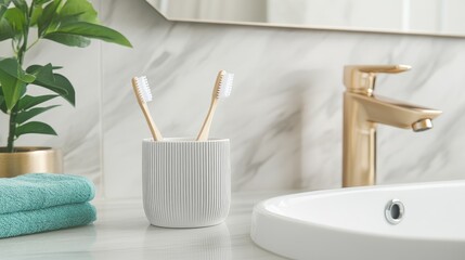 Fototapeta premium A white table holds green plants and toothbrushes in front of a sink, creating a clean and inviting bathroom environment
