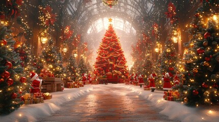 Design a whimsical Christmas background with a Santa workshop, bustling with elves preparing toys for delivery