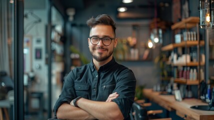 Portrait of handsome guy hairstylist. Proud owner standing in front of his modern hairdressing salon, confident entrepreneur, small business owner