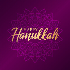 Golden text Happy Hanukkah on purple background. Jewish festive greeting design.	