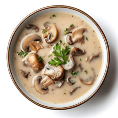 Mushroom Soup Dish isolated On White Background, Top View