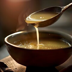 Pouring gravy over a dish in a fine dining setting.