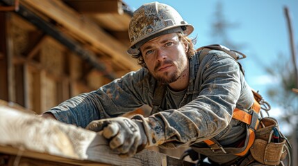 Obraz premium Young construction worker engaged in carpentry tasks at a job site on a sunny day
