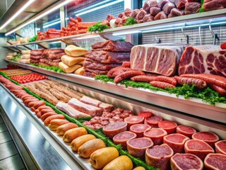 Freshly arranged row of raw meats on refrigerated shelves in a modern butcher shop, featuring cuts of beef, pork, chicken, and sausages.