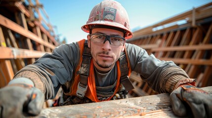Construction worker in safety gear balancing on wooden scaffolding at a job site during the daytime