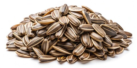 Close-up of a handful of sunflower seeds scattered on a clean white background, showcasing their intricate texture and varying shades of brown.