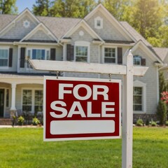 Fototapeta premium A red and white for sale sign in front private modern house. There is a FOR SALE sign near a private house. Real estate for sale. Private house sale concept