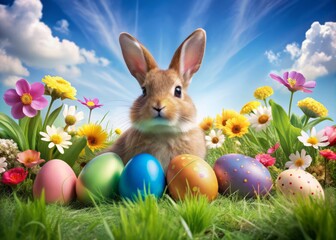 Adorable bunny amidst vibrant spring flowers and colorful Easter eggs on a serene seamless blue background with lush green grass and whimsical illustrations.