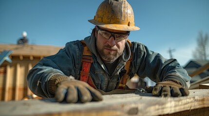 Fototapeta premium Construction worker in hard hat focused on building project during bright daylight