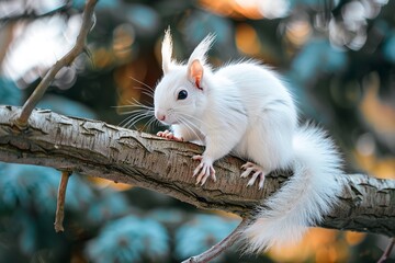 Side view of an albino white squirrel perched on a tree branch, Generative AI.