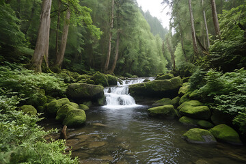 Obraz premium A tranquil forest scene with tall pine trees, moss-covered stone steps, and a clear stream flowing over rocks, bathed in sunlight
