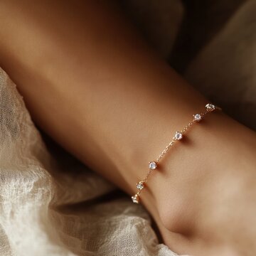 Delicate Ankle Chain: A close-up shot of a woman's ankle adorned with a delicate gold anklet featuring sparkling cubic zirconia stones. The image exudes elegance and sophistication, perfect for showca
