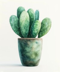 Watercolor illustration of a green cactus in a pot isolated on white background.