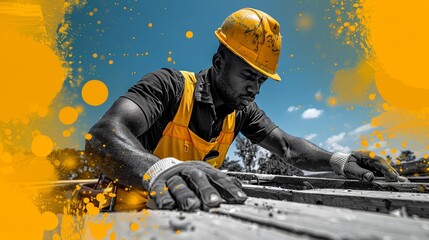 A construction worker diligently assembling wooden structures under a bright blue sky during the afternoon hours