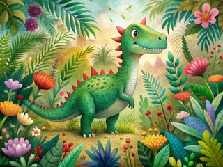 Fototapeta premium Vibrant green dinosaur stands amidst lush jungle foliage, surrounded by colorful flowers and leaves, illustrated in soft watercolor style with whimsical textures.