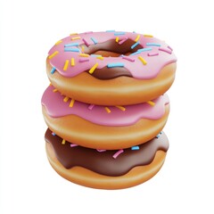 Three donuts stacked on top of each other with pink frosting and sprinkles