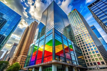 A massive, brightly colored corporate emblem dominates the urban skyline, proudly displayed on a modern skyscraper's gleaming façade, symbolizing power and success.