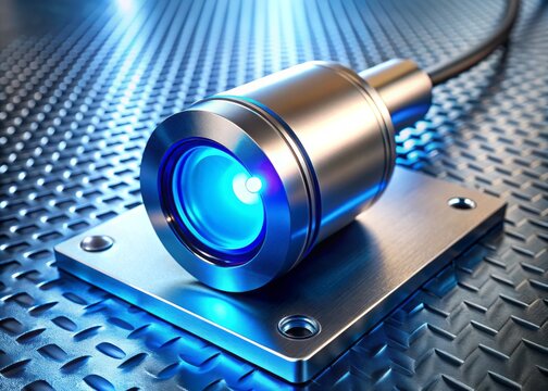 Modern industrial sensor with bright blue LED light illuminates a sleek metal surface, symbolizing advanced technology, innovation, and precision in a futuristic setting.
