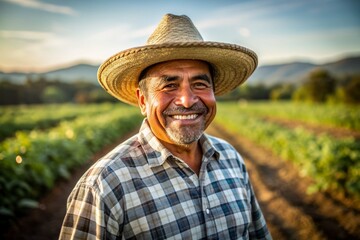 Fototapeta premium middle aged male mexican farmer smiling and working on a farm field portrait