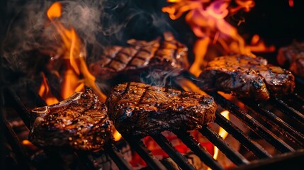 Steaks cooking on the barbecue amid flames, Generative AI.