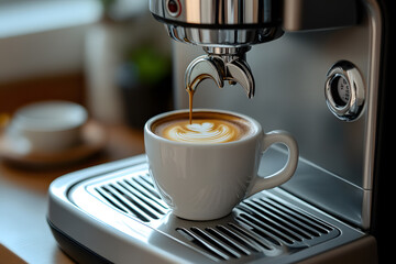 Cozy hot cup of coffee  on table at home made with the coffee machine.