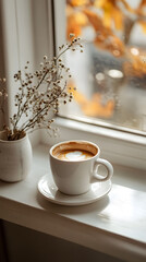 Cozy hot cup of coffee  on table at home made with the coffee machine.