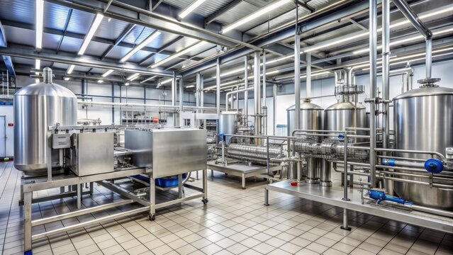 A modern dairy processing plant, with machinery for pasteurizing and packaging milk