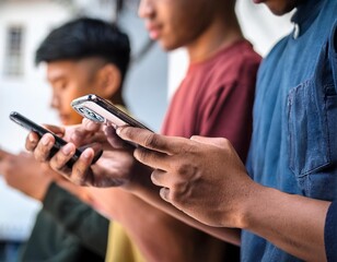 Close up of a group of young people using smartphone mobile phones together