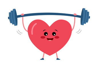Cute heart cartoon exercise with dumbbells in flat design on white background. Strong healthy heart concept.