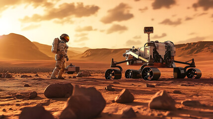 Exploring Mars: Martian Colonist Conducting Research with Rover in Barren Red Landscape.