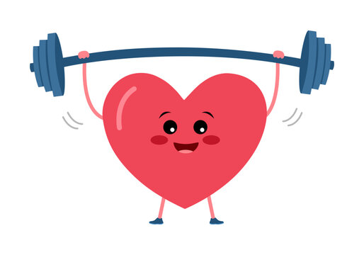 Cute heart cartoon exercise with dumbbells in flat design on white background. Strong healthy heart concept.