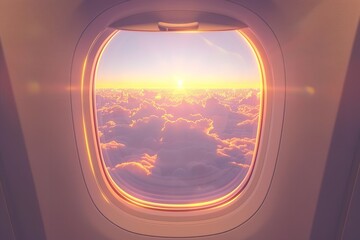Fototapeta premium The view of the sky at the top, the gorgeous sunset, and the view of the traveling airplane through the window, Generative AI.