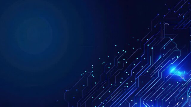 Abstract blue circuit board design with glowing connections on a dark background, ideal for technology and digital themes.