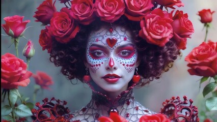 Portrait of the red queen, a noble and elegant girl with red roses.