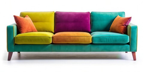 Stylish, modern, color suede couch sofa with sleek lines and vibrant hue isolated on a pristine white background, perfect for home decor and furniture themes.