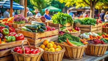 Vibrant outdoor farmers market scene showcasing colorful fresh produce, woven baskets, and rustic wooden crates amidst a lively atmosphere, evoking a sense of natural abundance.