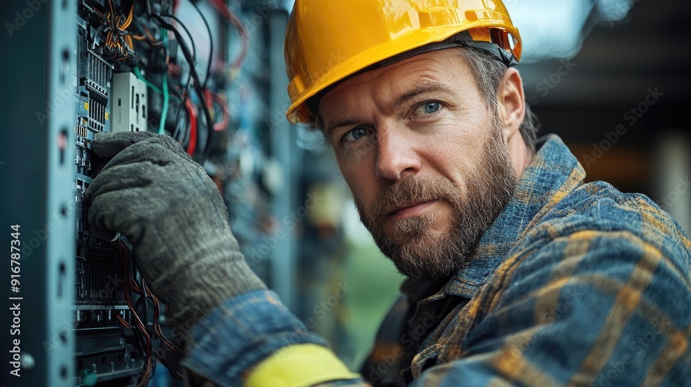 Poster electrician wearing hardhat working on fusebox connecting wires