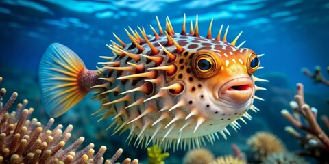 A solitary puffer fish with vibrant orange and white stripes inflates its body, showcasing its intimidating array of sharp, barbed spikes in a coral reef setting.