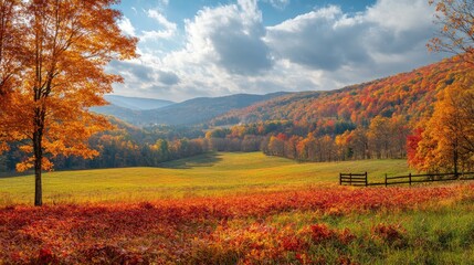 Lonely red maple tree standing out from the crowd in beautiful autumn valley