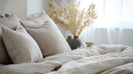 Close-up relaxing bedroom natural linen textured bedding on the bed neutral colors tranquil and sophisticated aesthetic of the space