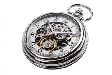 Silver pocket watch showing clockwork and telling time